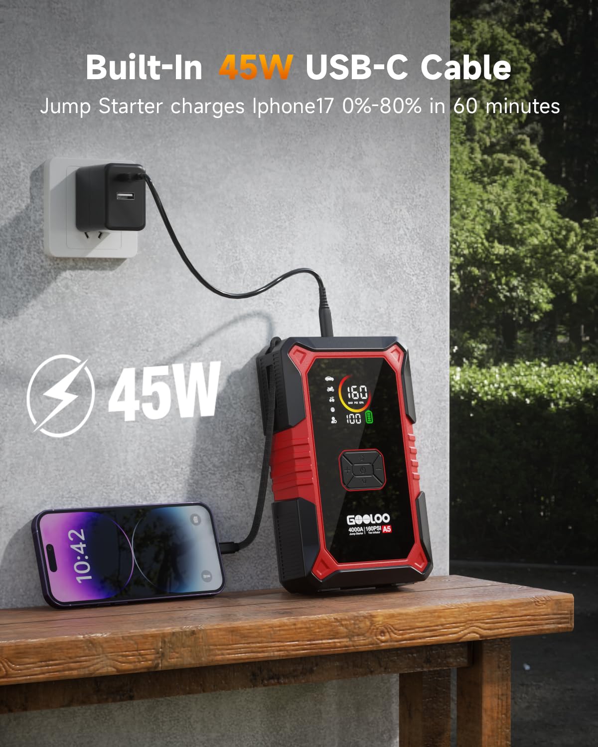 GOOLOO A5 Jump Starter with Air Compressor, 4000A Car Battery Jump Starter (All Gas/10.0L Diesel) with 160PSI Tire Inflator Auto-Off, 45W Output Power Bank, 12V Jump Box Car Jumper Starter Portable