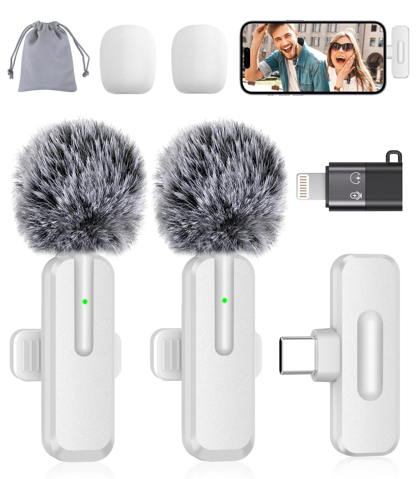 Wireless Mini Microphone for iPhone - 2 Pack Lavalier Bluetooth Microphone for Video Recording, 2 in 1 Noise Reduction Lapel Mic for Ipad, Android,Clip-on Mini Mic for Content Creators Podcast