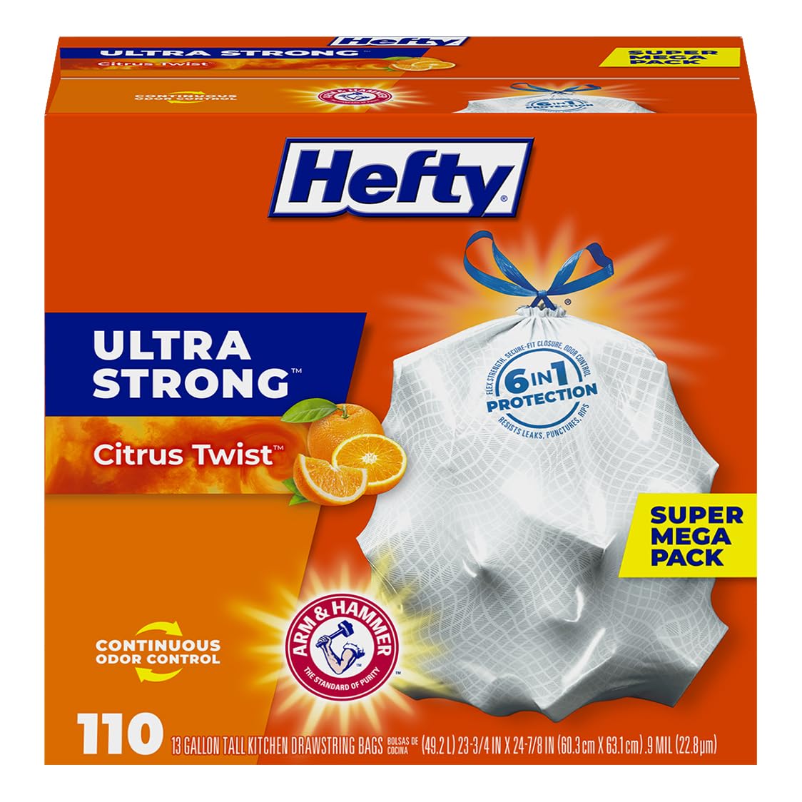 Hefty Ultra Strong Tall Kitchen Trash Bags, Citrus Twist Scent, 13 Gallon, 80 Count