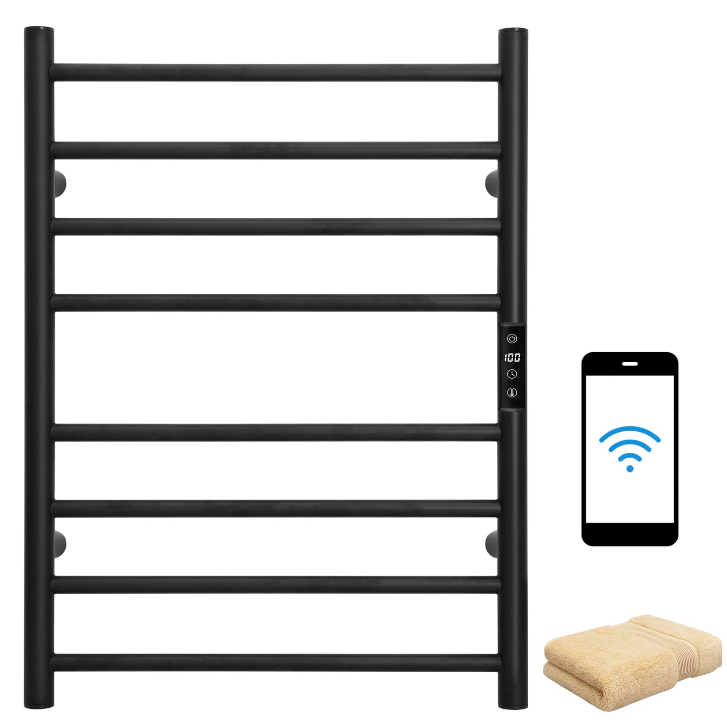 KEG Smart WiFi Towel Warmer Wall Mounted with Built-in Timer and Temperature Adjust Control, 4 Bars Electric Stainless Steel Heated Towel Racks for Bathroom Matte Black