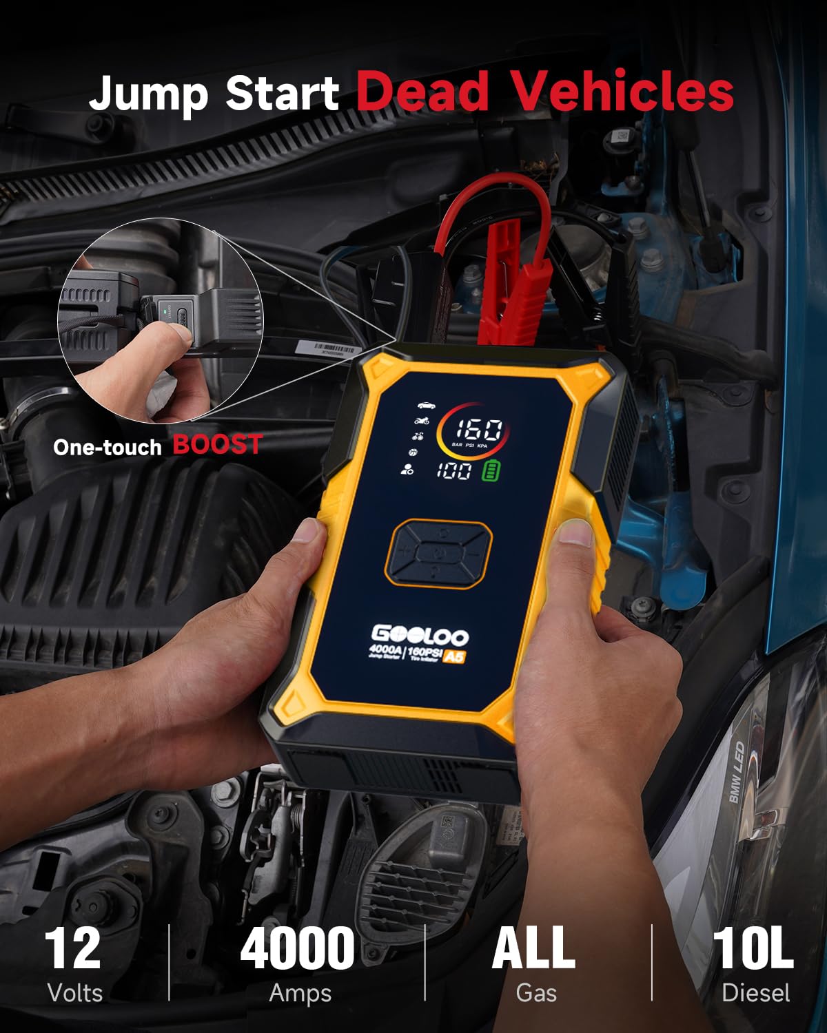 GOOLOO A5 Jump Starter with Air Compressor, 4000A Car Battery Jump Starter (All Gas/10.0L Diesel) with 160PSI Tire Inflator Auto-Off, 45W Output Power Bank, 12V Jump Box Car Jumper Starter Portable