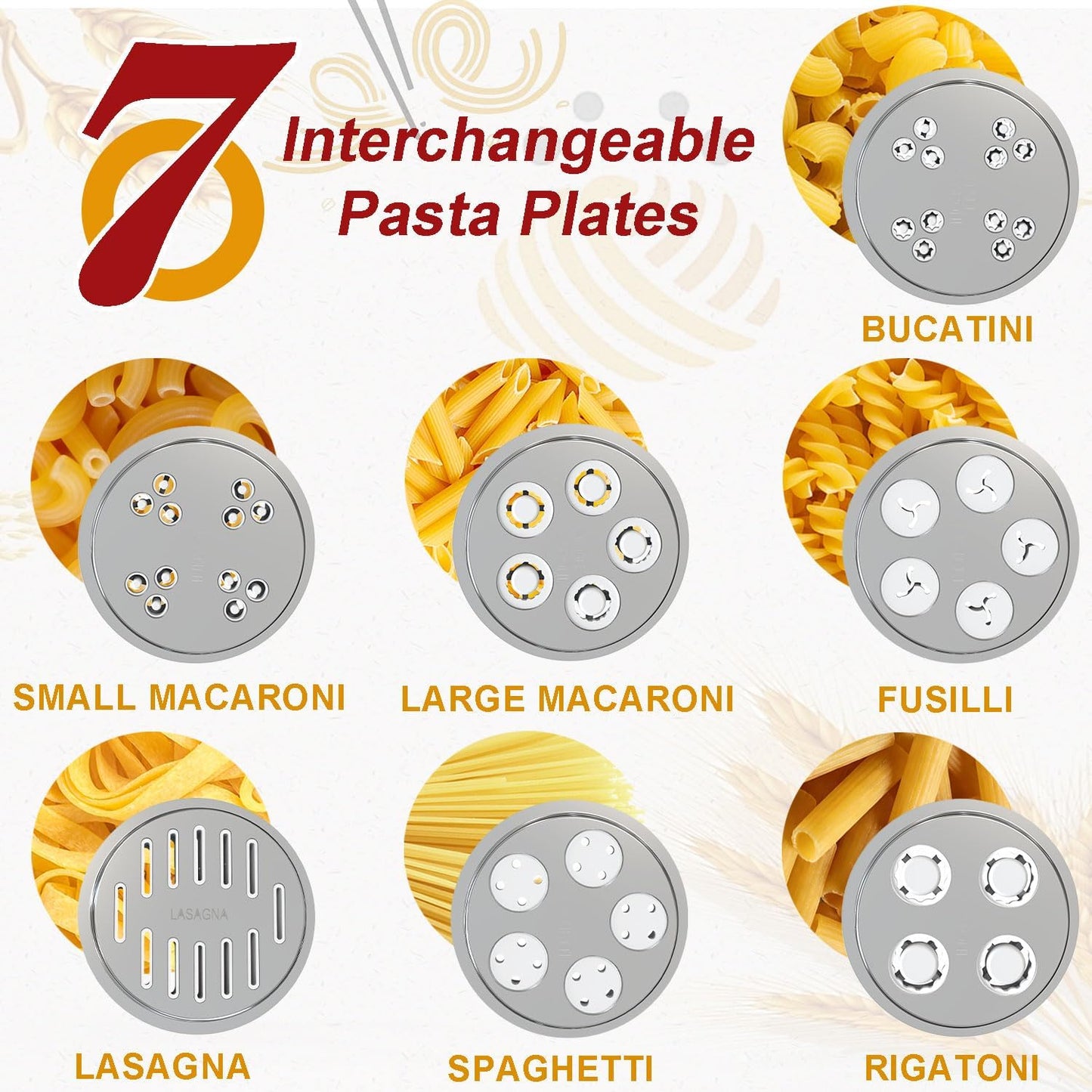 Gourmet Pasta Press Attachment for KitchenAid Stand Mixers, Pasta Maker Attachments with 7 Interchangeable Pasta Plates, Kitchen aid Pasta Attachment for Spaghetti Bucatini Fusilli l Macaroni