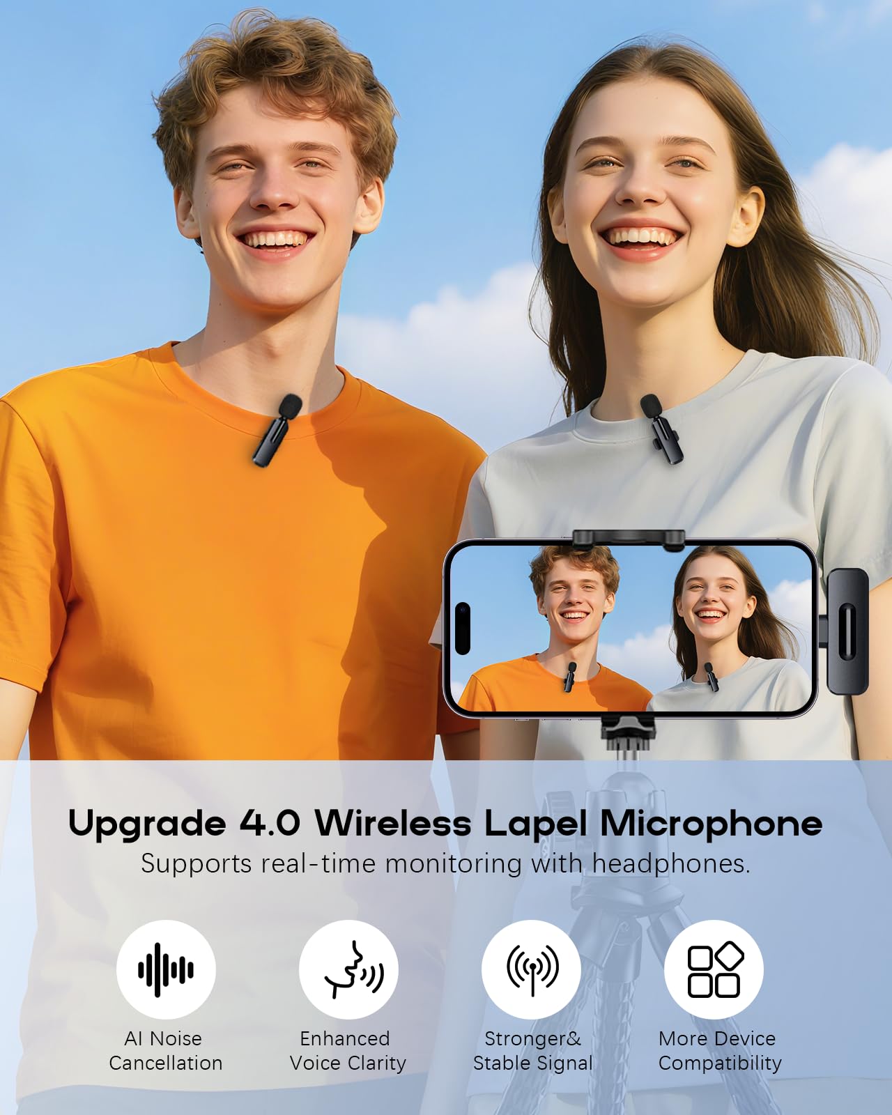 Wireless Mini Microphone for iPhone - 2 Pack Lavalier Bluetooth Microphone for Video Recording, 2 in 1 Noise Reduction Lapel Mic for Ipad, Android,Clip-on Mini Mic for Content Creators Podcast