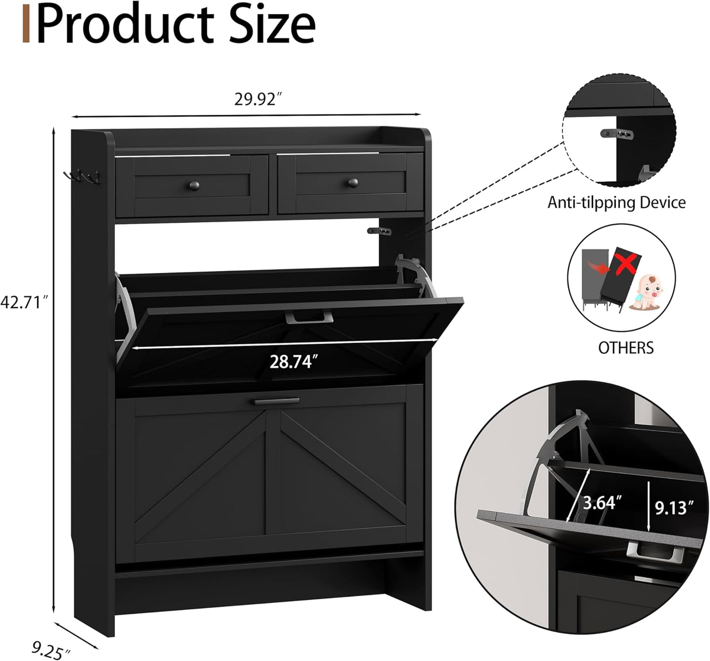 Shoe Cabinet with 2 Flip Drawers & 2 Top Drawers, 43" Tall Freestanding Narrow Wooden Shoe Storage Organizer for Entryway, Hidden Slim Shoe Rack for Front Door Entrance, Hallway, Living Room, Black