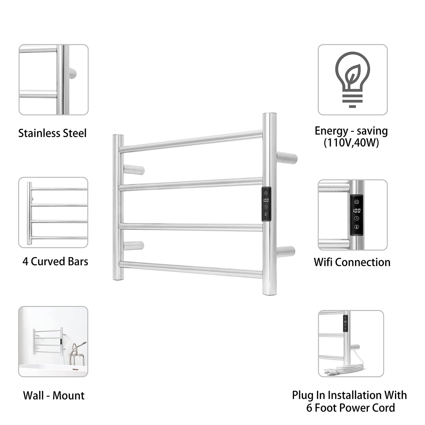 KEG Smart WiFi Towel Warmer Wall Mounted with Built-in Timer and Temperature Adjust Control, 4 Bars Electric Stainless Steel Heated Towel Racks for Bathroom Matte Black