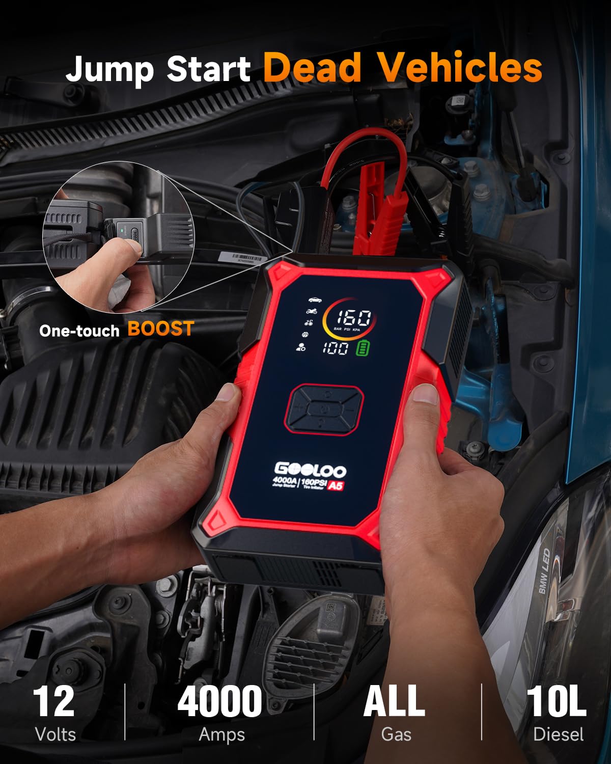 GOOLOO A5 Jump Starter with Air Compressor, 4000A Car Battery Jump Starter (All Gas/10.0L Diesel) with 160PSI Tire Inflator Auto-Off, 45W Output Power Bank, 12V Jump Box Car Jumper Starter Portable