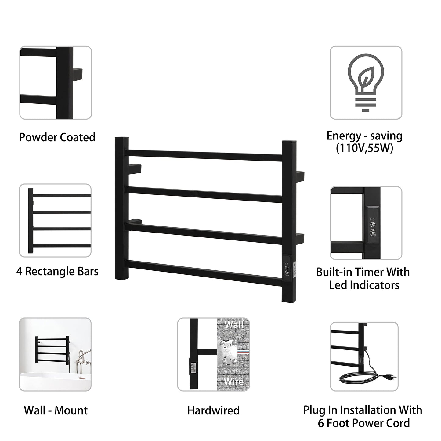 KEG Smart WiFi Towel Warmer Wall Mounted with Built-in Timer and Temperature Adjust Control, 4 Bars Electric Stainless Steel Heated Towel Racks for Bathroom Matte Black