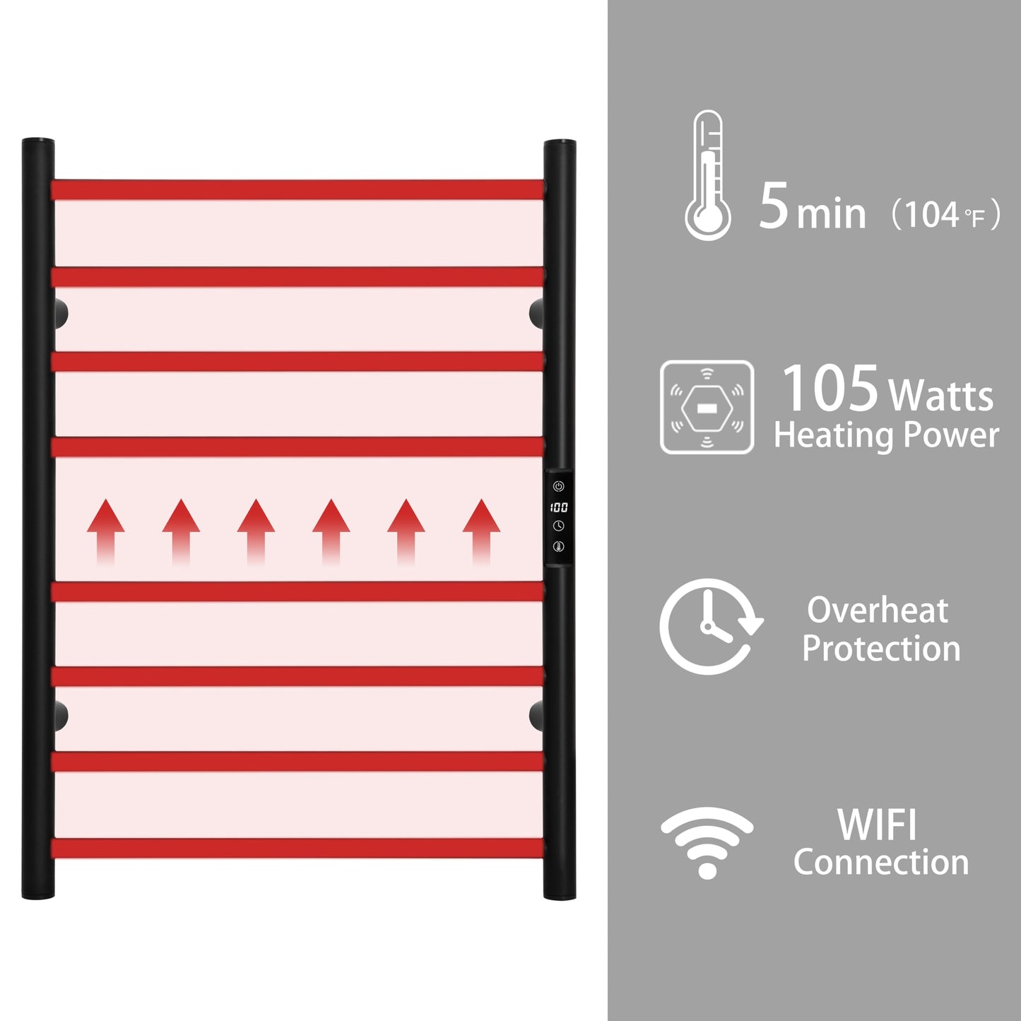 KEG Smart WiFi Towel Warmer Wall Mounted with Built-in Timer and Temperature Adjust Control, 4 Bars Electric Stainless Steel Heated Towel Racks for Bathroom Matte Black