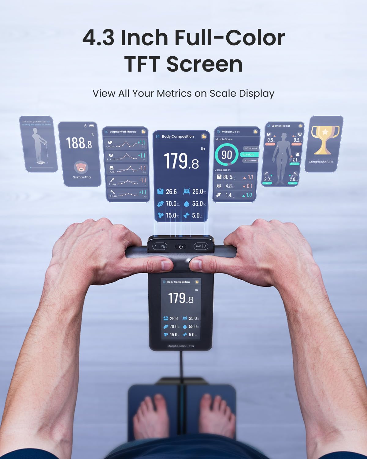 RENPHO Smart Scale for Body Weight, 8-Electrode Body Composition Scale with BMI, Body Fat, Muscle Mass, Rechargeable Body Fat Scale with Full-Color TFT LCD on Handle, MorphoScan Nova, Dark Blue