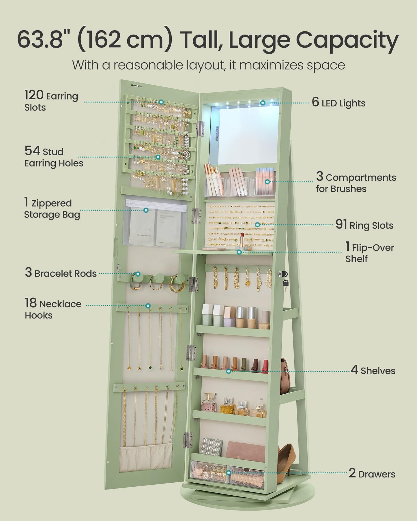 SONGMICS 6 LEDs Lockable Mirror Jewelry Cabinet, 360° Swivel Jewelry Organizer Armoire Standing, Frameless Full-Length Mirror, 3 Storage Shelves, White Surface, Black Lining UJJC007W01