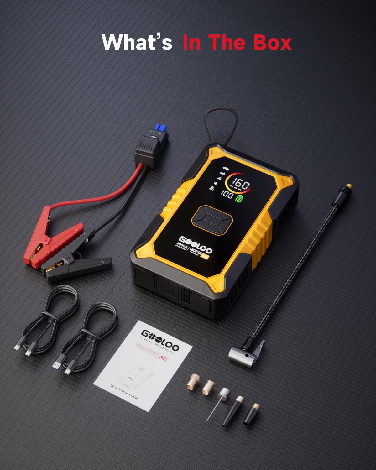 GOOLOO A5 Jump Starter with Air Compressor, 4000A Car Battery Jump Starter (All Gas/10.0L Diesel) with 160PSI Tire Inflator Auto-Off, 45W Output Power Bank, 12V Jump Box Car Jumper Starter Portable