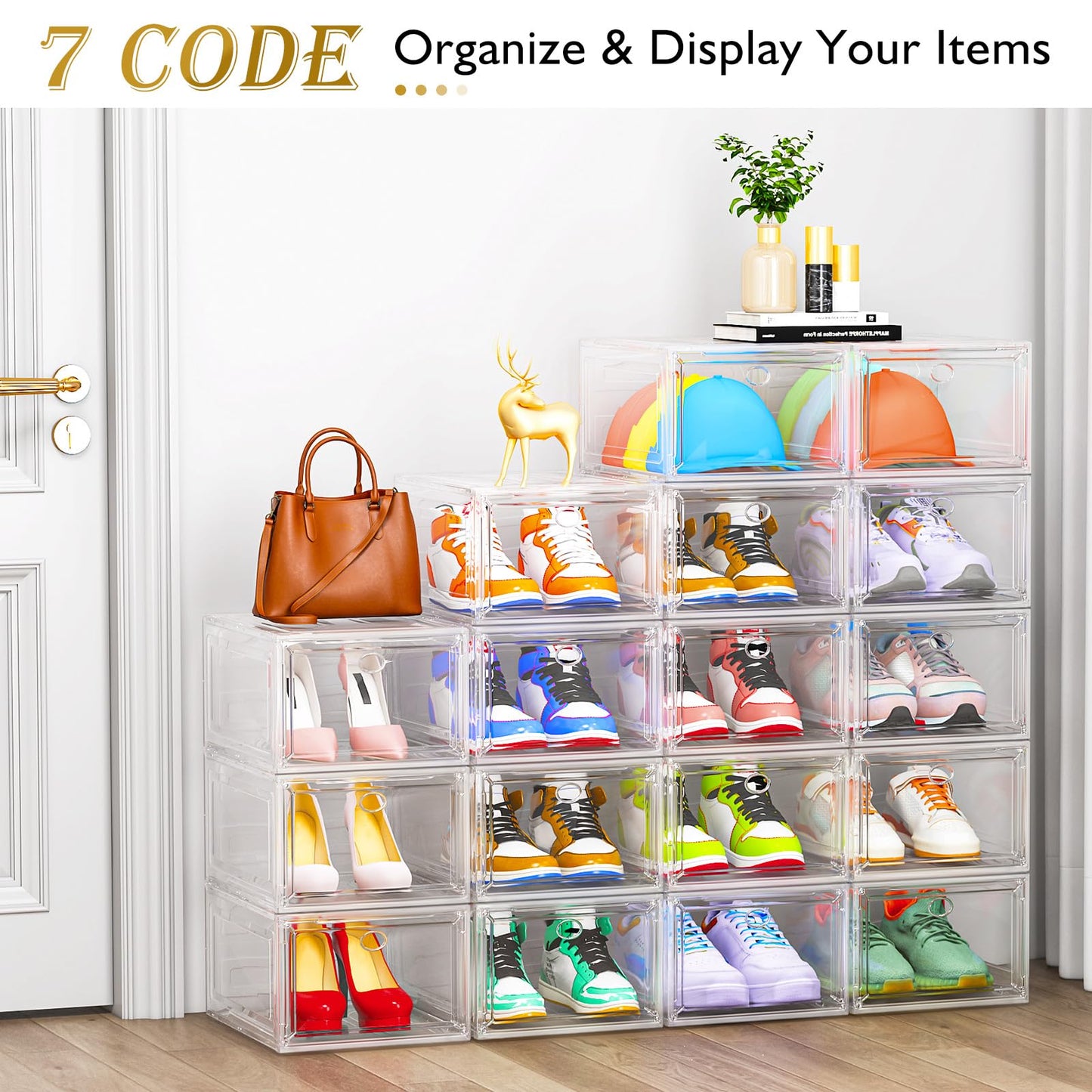 Thickened Clear Shoe Storage Organizer with Magnetic Door, Sturdy Stackable Shoe Boxes for Closet, Collapsible Space-Saving Shoe Rack for Sneakers & Boots, Plastic Shoe Cabinet Box Set, 6 Pack, White