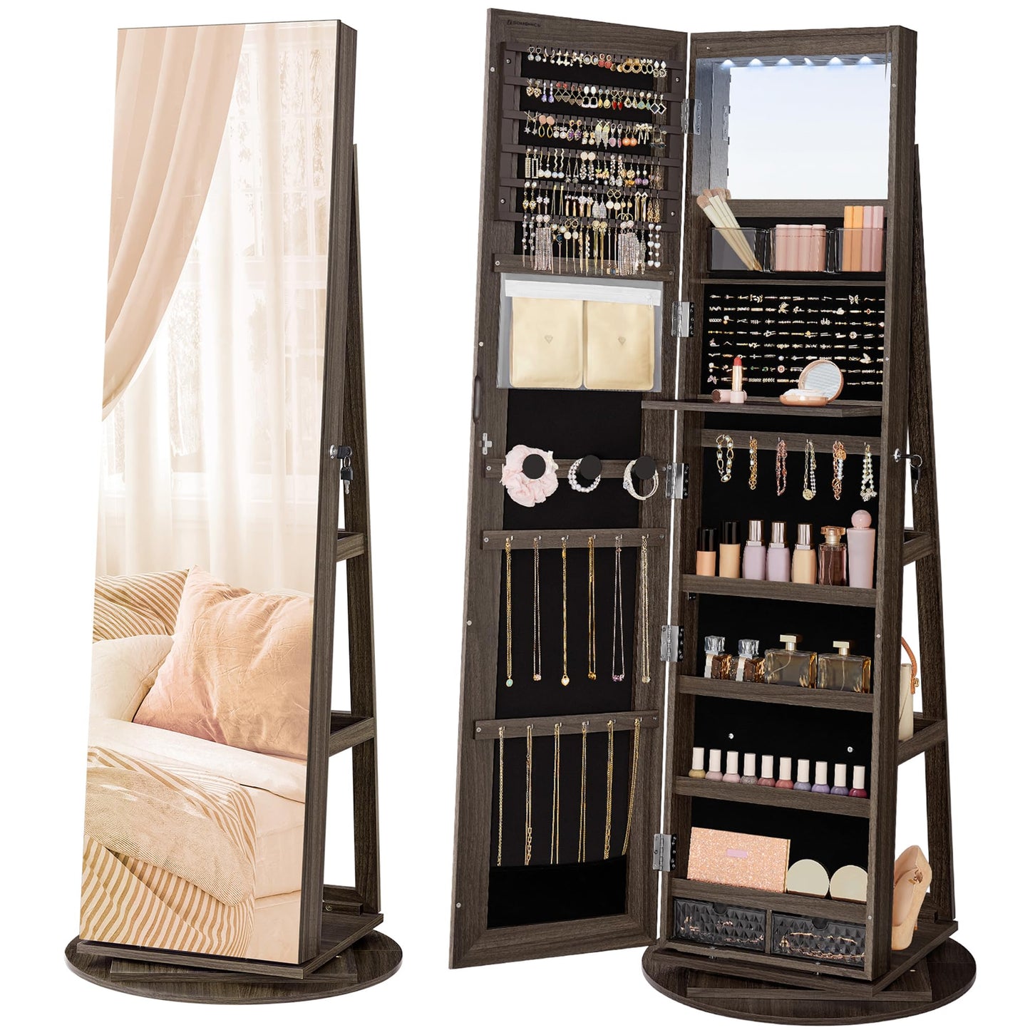 SONGMICS 6 LEDs Lockable Mirror Jewelry Cabinet, 360° Swivel Jewelry Organizer Armoire Standing, Frameless Full-Length Mirror, 3 Storage Shelves, White Surface, Black Lining UJJC007W01