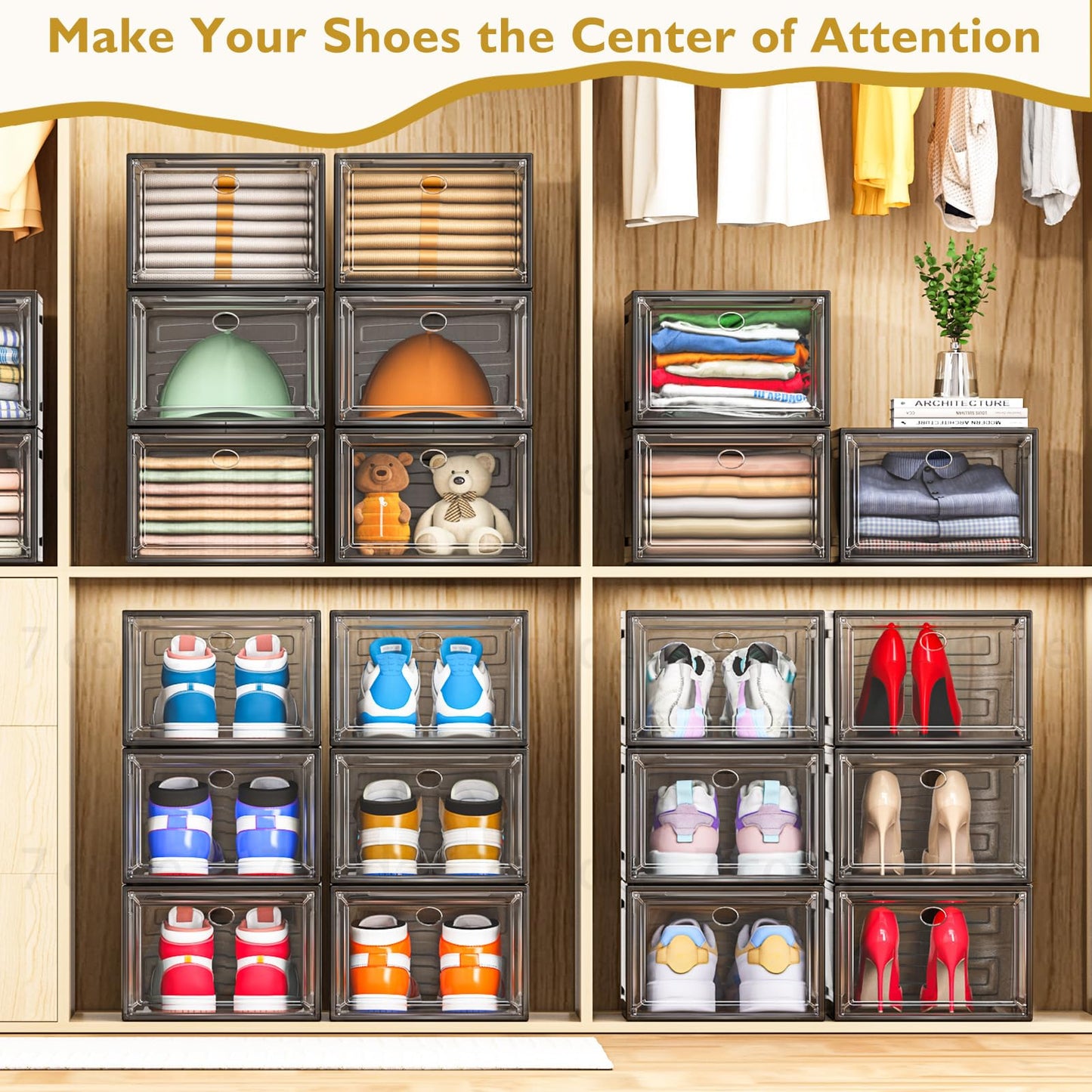 Thickened Clear Shoe Storage Organizer with Magnetic Door, Sturdy Stackable Shoe Boxes for Closet, Collapsible Space-Saving Shoe Rack for Sneakers & Boots, Plastic Shoe Cabinet Box Set, 6 Pack, White