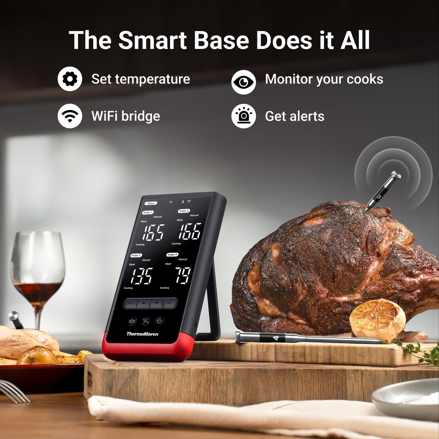 ThermoMaven Smart Bluetooth Wireless Meat Thermometer: Standalone Base, WiFi Unlimited Range, 6 Sensors with NIST Certified Accuracy, 2 Probes for Kitchen, BBQ, Grill, Oven, Smoker, Rotisserie