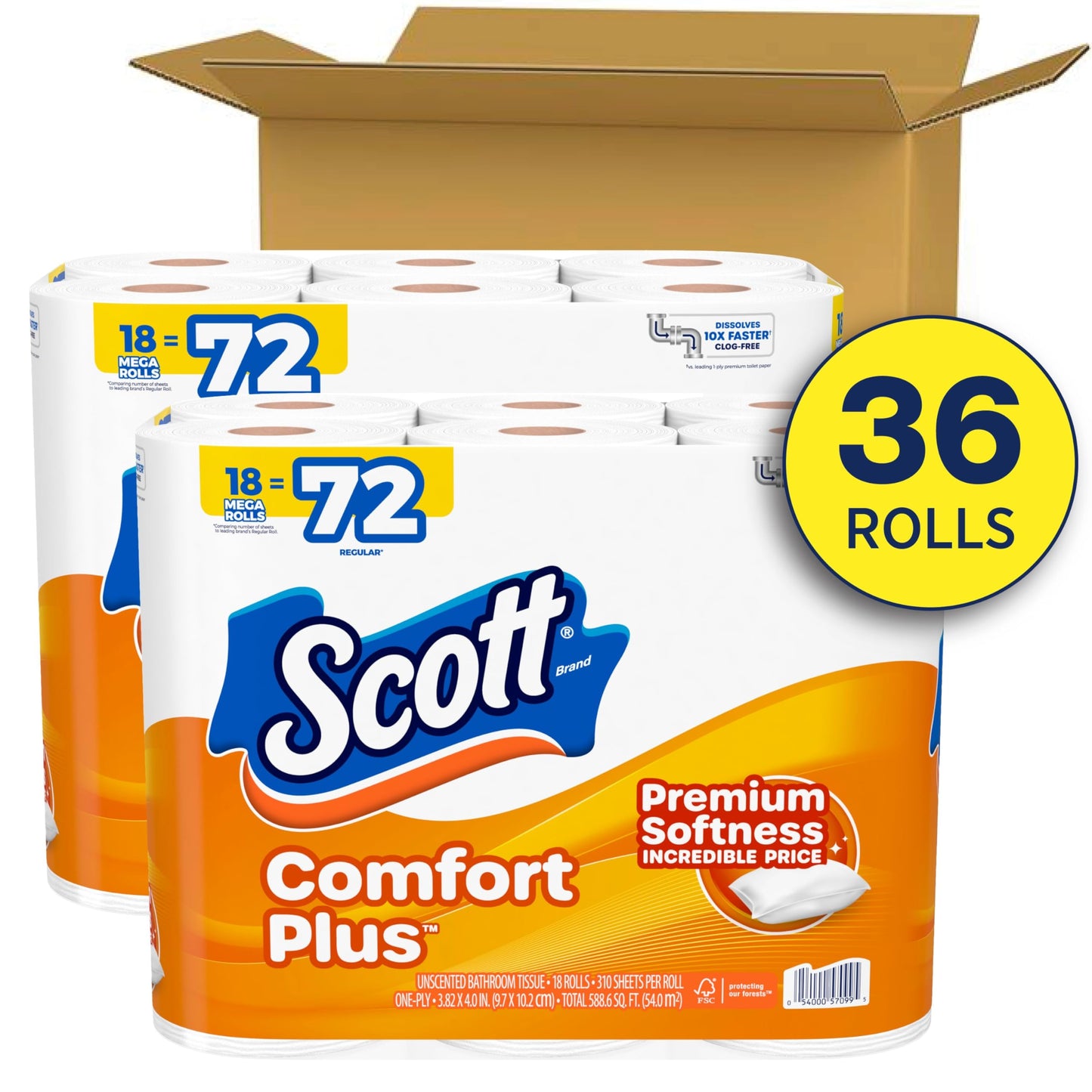 Scott ComfortPlus Toilet Paper, 48 Double Rolls, 231 Sheets per Roll, Septic-Safe, 1-Ply Toilet Tissue