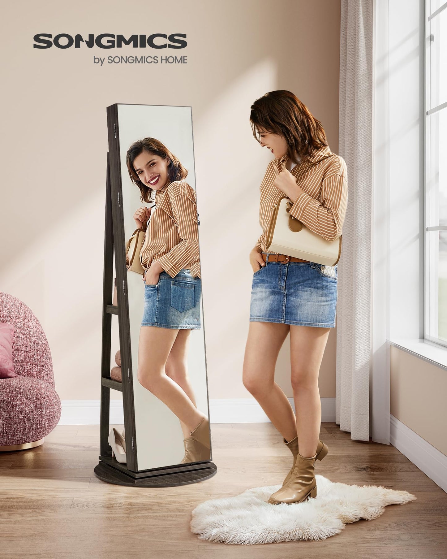 SONGMICS 6 LEDs Lockable Mirror Jewelry Cabinet, 360° Swivel Jewelry Organizer Armoire Standing, Frameless Full-Length Mirror, 3 Storage Shelves, White Surface, Black Lining UJJC007W01