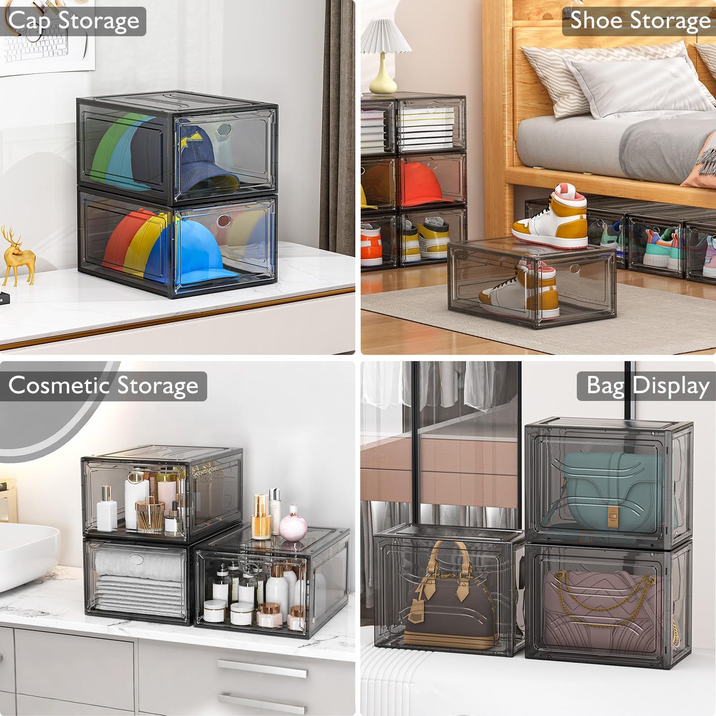 Thickened Clear Shoe Storage Organizer with Magnetic Door, Sturdy Stackable Shoe Boxes for Closet, Collapsible Space-Saving Shoe Rack for Sneakers & Boots, Plastic Shoe Cabinet Box Set, 6 Pack, White