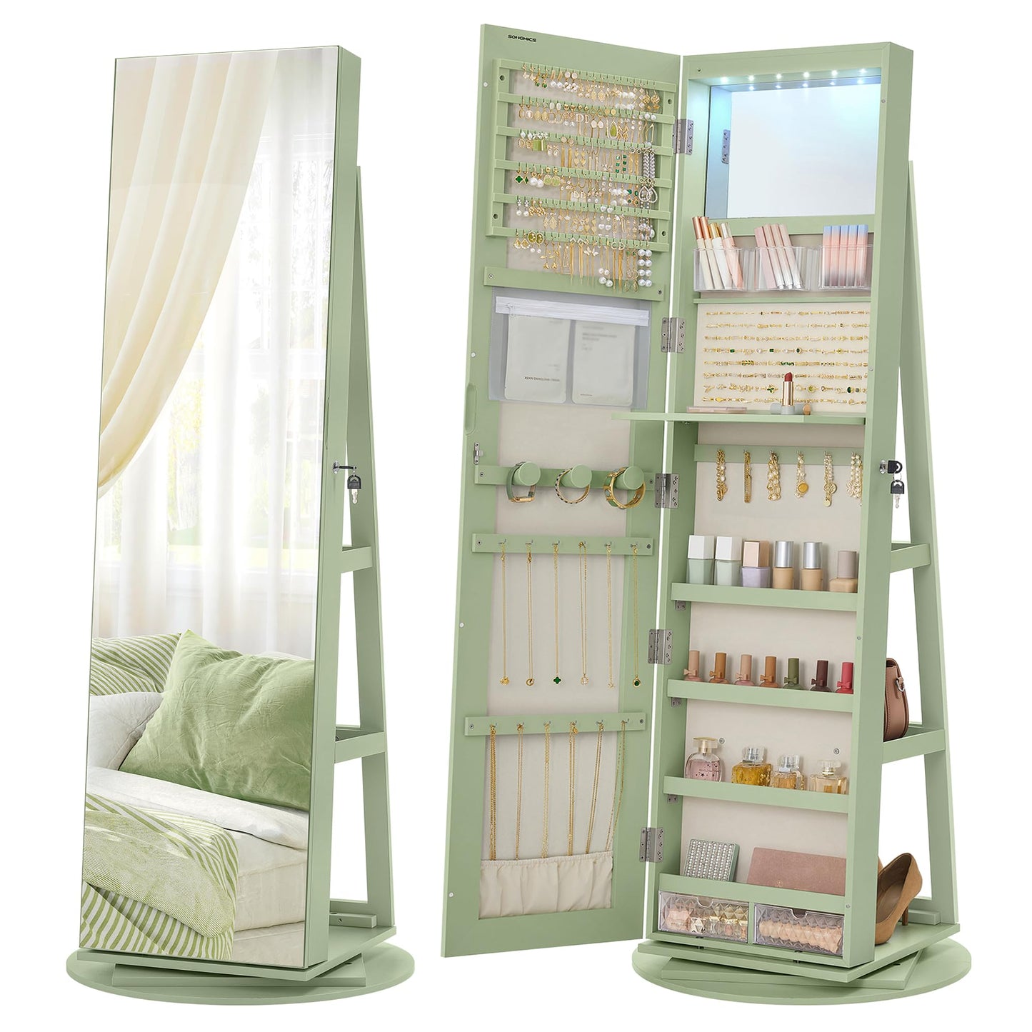 SONGMICS 6 LEDs Lockable Mirror Jewelry Cabinet, 360° Swivel Jewelry Organizer Armoire Standing, Frameless Full-Length Mirror, 3 Storage Shelves, White Surface, Black Lining UJJC007W01