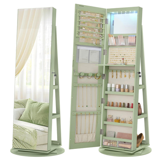 SONGMICS 6 LEDs Lockable Mirror Jewelry Cabinet, 360° Swivel Jewelry Organizer Armoire Standing, Frameless Full-Length Mirror, 3 Storage Shelves, White Surface, Black Lining UJJC007W01