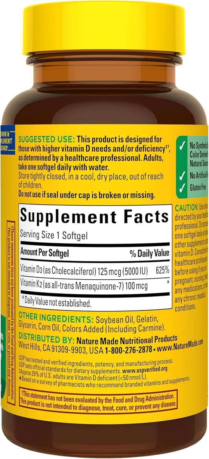 Nature Made Vitamin D3 K2 Supplement, 5000 IU (125 mcg) Vitamin D for Bone, Teeth, Muscle and Immune Support, 30 D3 and K2 Softgels, 30 Day Supply