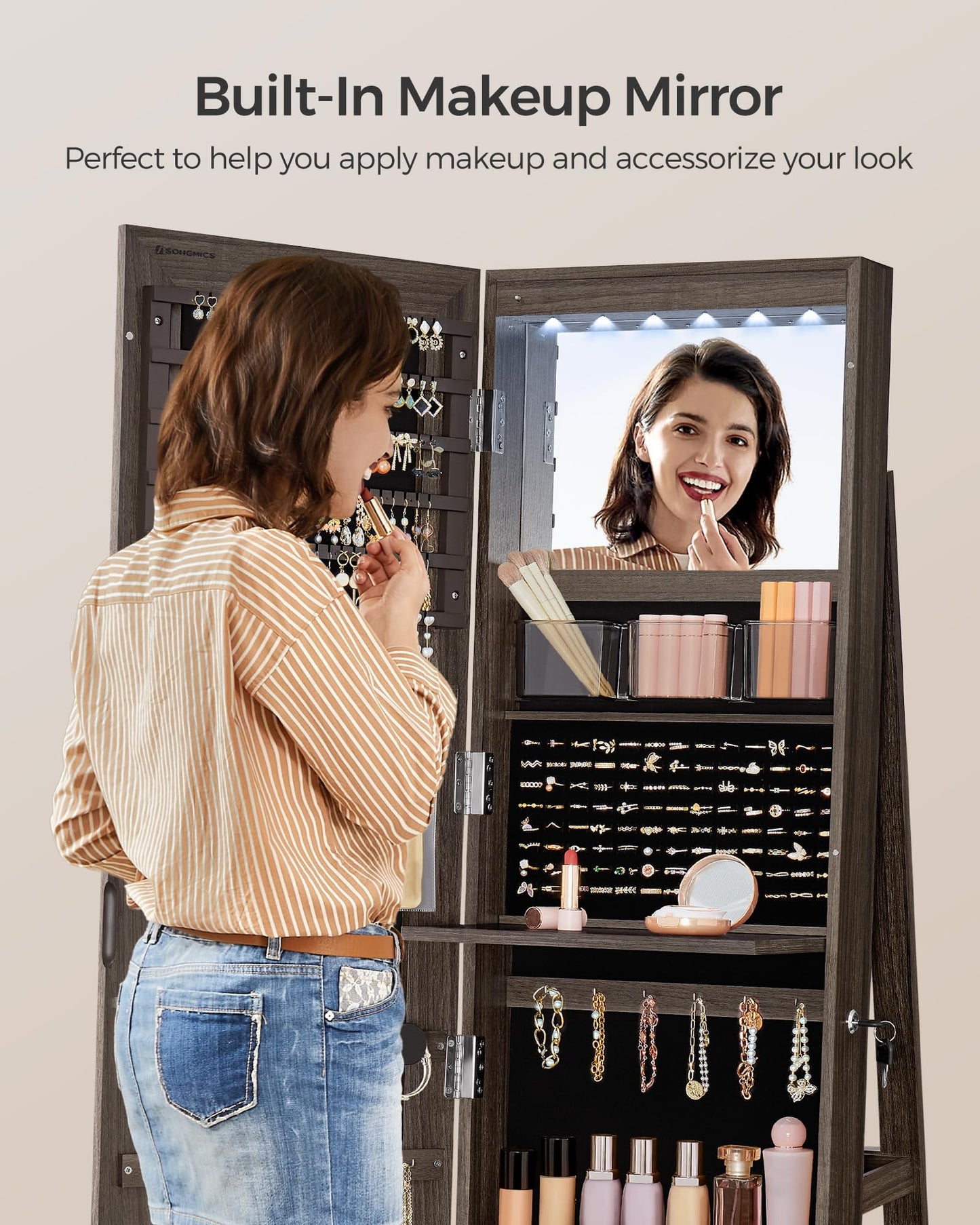 SONGMICS 6 LEDs Lockable Mirror Jewelry Cabinet, 360° Swivel Jewelry Organizer Armoire Standing, Frameless Full-Length Mirror, 3 Storage Shelves, White Surface, Black Lining UJJC007W01