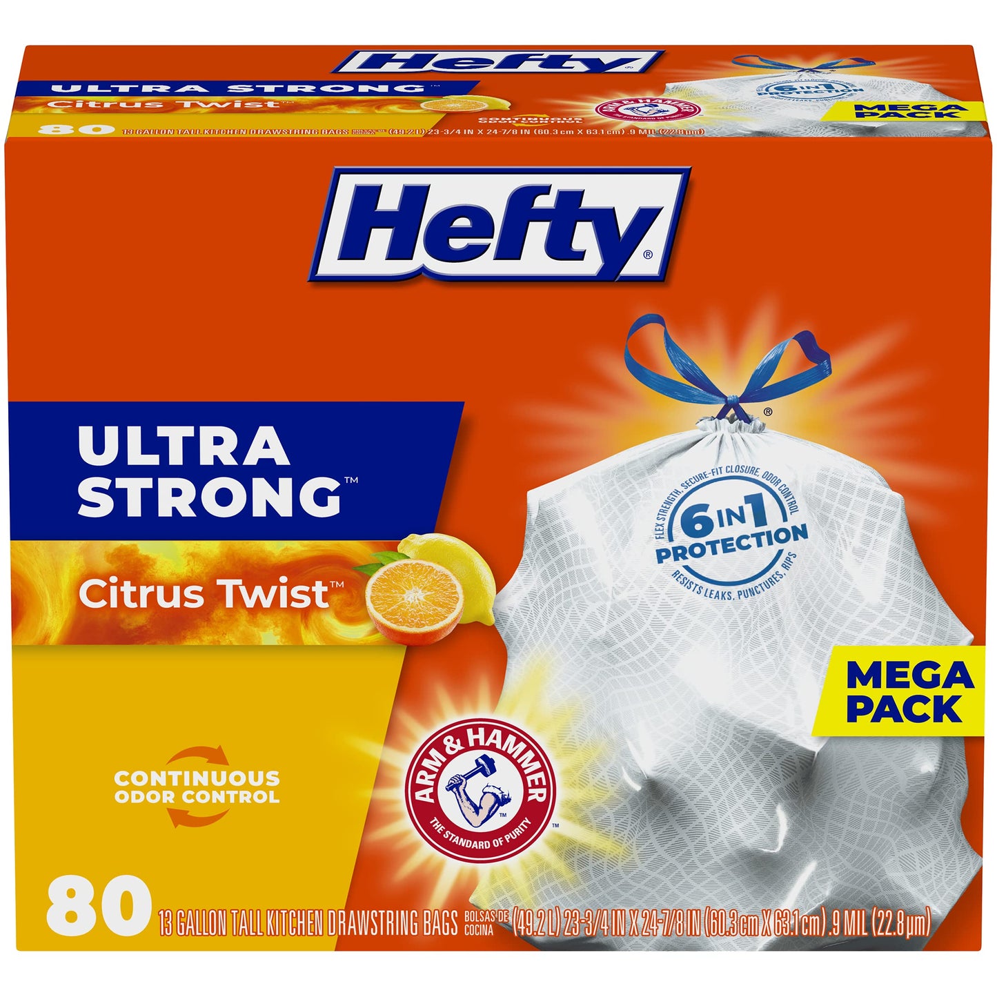 Hefty Ultra Strong Tall Kitchen Trash Bags, Citrus Twist Scent, 13 Gallon, 80 Count
