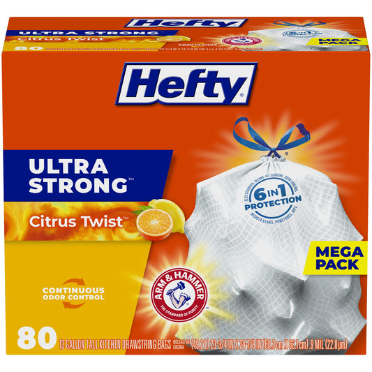 Hefty Ultra Strong Tall Kitchen Trash Bags, Citrus Twist Scent, 13 Gallon, 80 Count