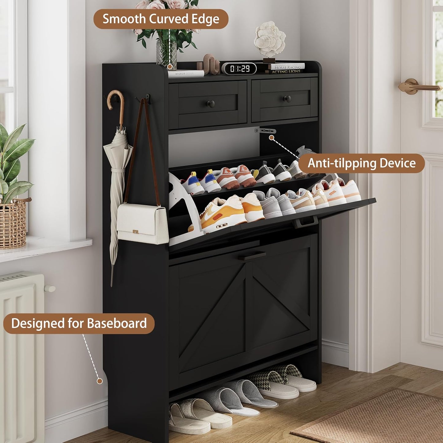 Shoe Cabinet with 2 Flip Drawers & 2 Top Drawers, 43" Tall Freestanding Narrow Wooden Shoe Storage Organizer for Entryway, Hidden Slim Shoe Rack for Front Door Entrance, Hallway, Living Room, Black