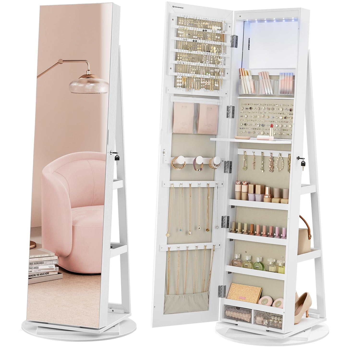 SONGMICS 6 LEDs Lockable Mirror Jewelry Cabinet, 360° Swivel Jewelry Organizer Armoire Standing, Frameless Full-Length Mirror, 3 Storage Shelves, White Surface, Black Lining UJJC007W01