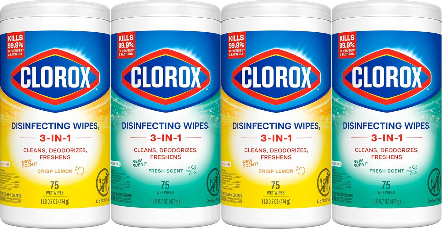 Clorox Disinfecting Cleaning Wipes Variety Pack, 75 Count Each, Pack of 4 (Package May Vary)