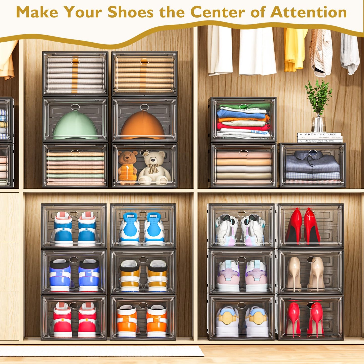 Thickened Clear Shoe Storage Organizer with Magnetic Door, Sturdy Stackable Shoe Boxes for Closet, Collapsible Space-Saving Shoe Rack for Sneakers & Boots, Plastic Shoe Cabinet Box Set, 6 Pack, White