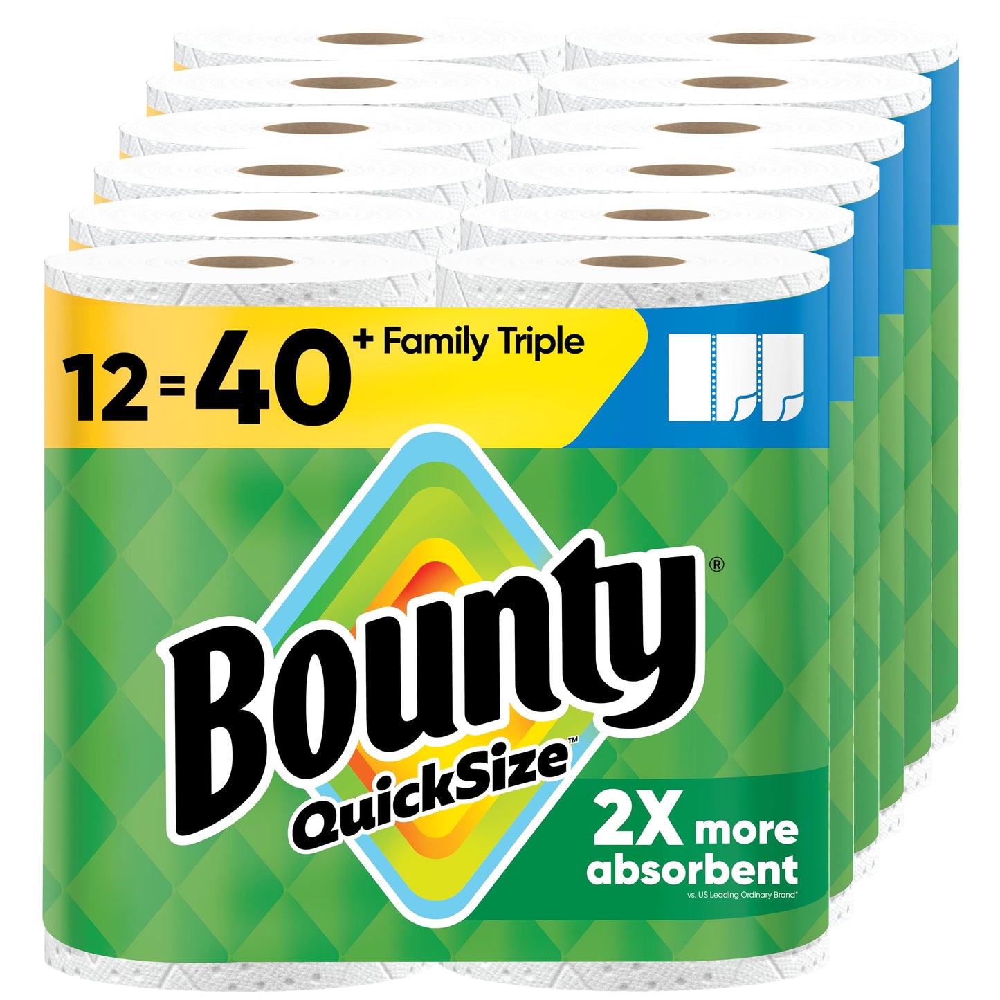 Bounty Quick-Size Paper Towels, White, 12 Family Triple = 40 Regular Rolls
