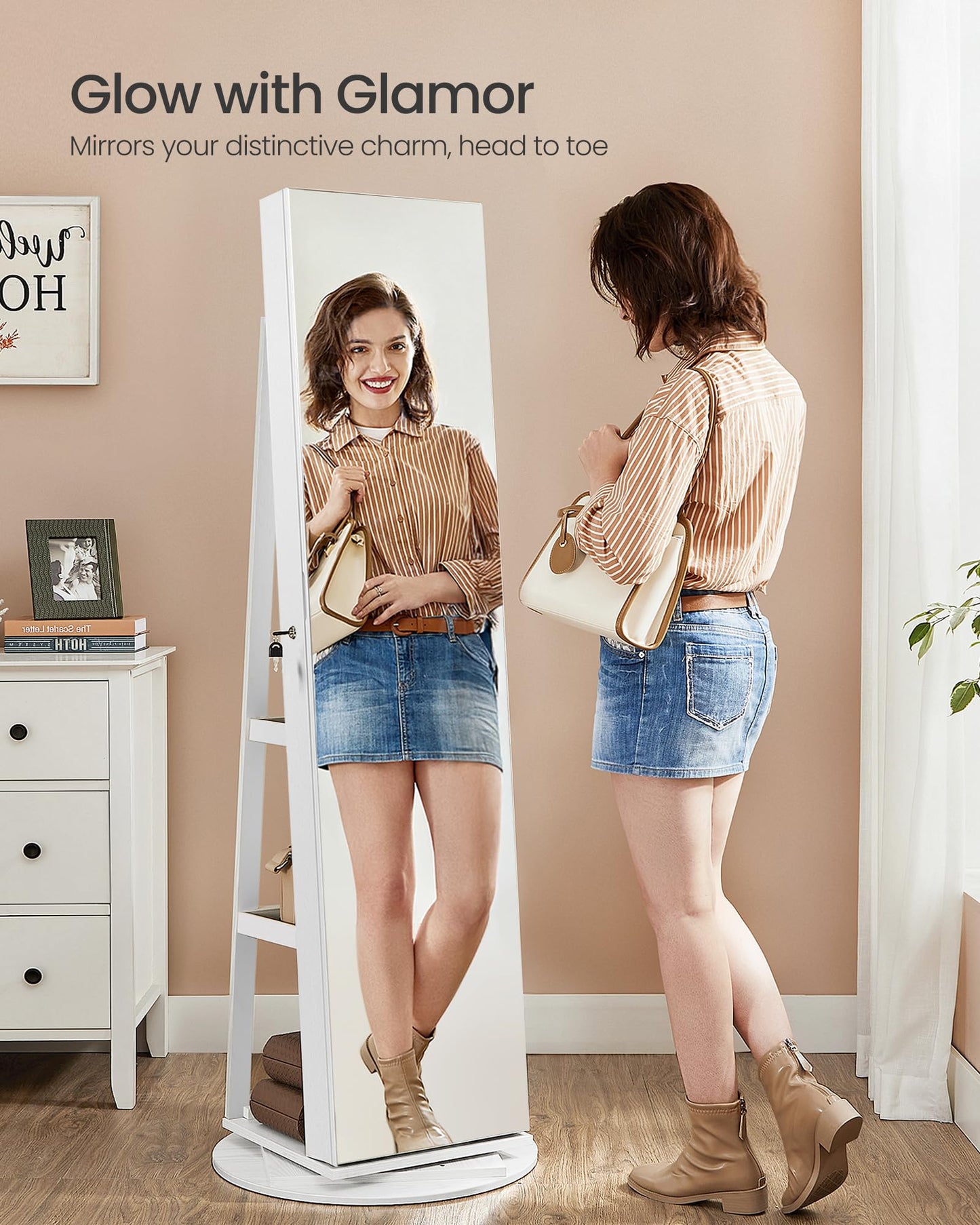 SONGMICS 6 LEDs Lockable Mirror Jewelry Cabinet, 360° Swivel Jewelry Organizer Armoire Standing, Frameless Full-Length Mirror, 3 Storage Shelves, White Surface, Black Lining UJJC007W01