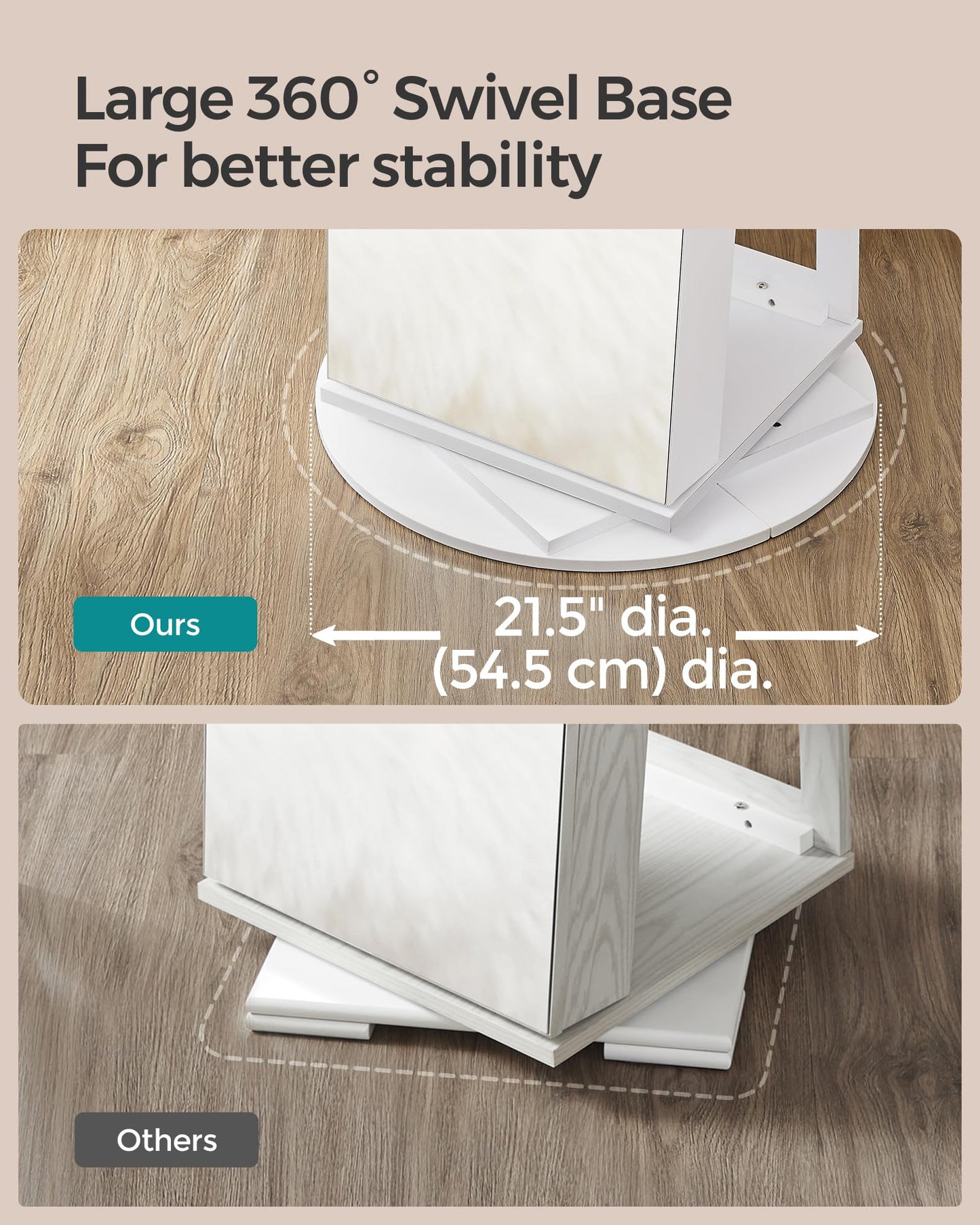 SONGMICS 6 LEDs Lockable Mirror Jewelry Cabinet, 360° Swivel Jewelry Organizer Armoire Standing, Frameless Full-Length Mirror, 3 Storage Shelves, White Surface, Black Lining UJJC007W01