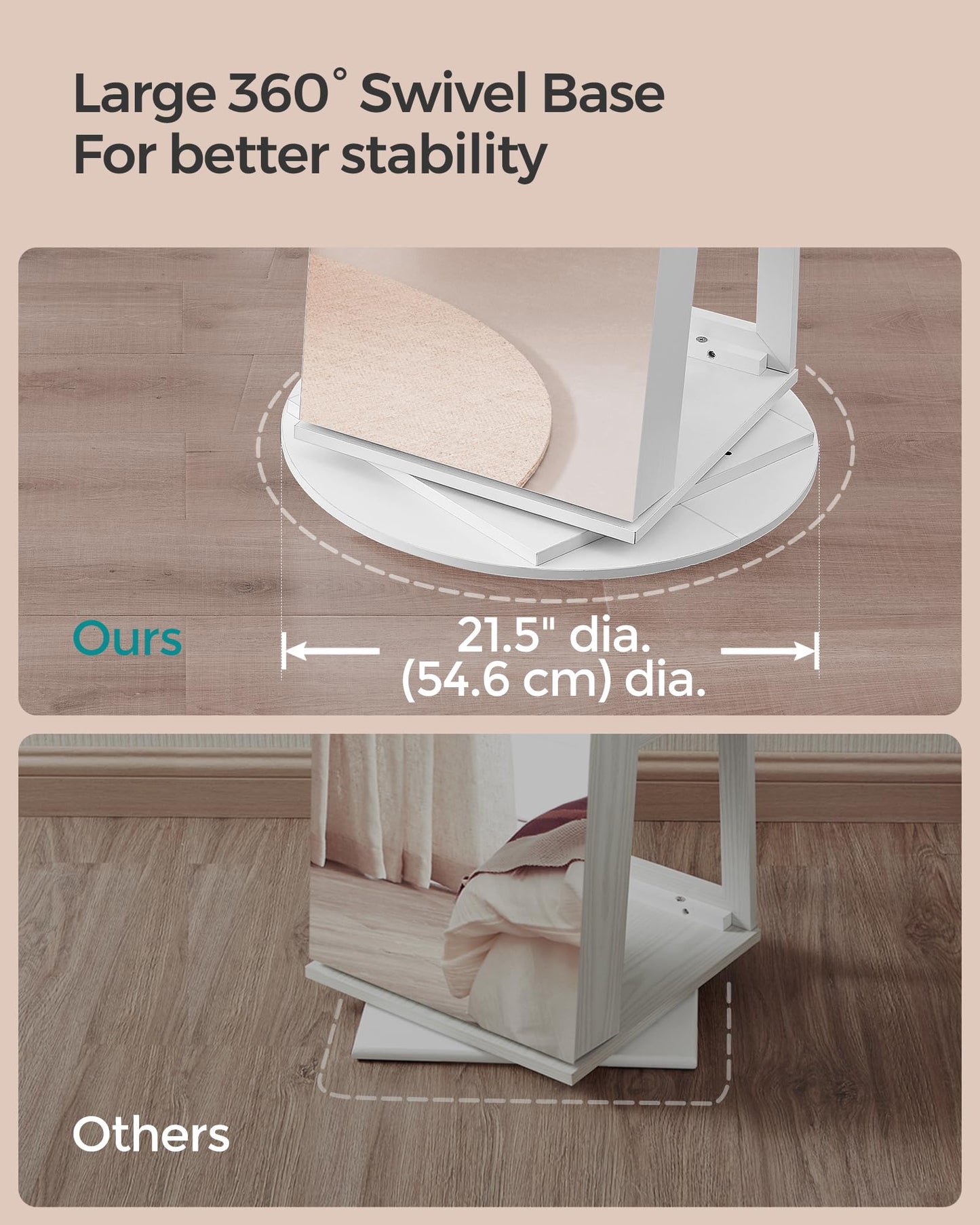 SONGMICS 6 LEDs Lockable Mirror Jewelry Cabinet, 360° Swivel Jewelry Organizer Armoire Standing, Frameless Full-Length Mirror, 3 Storage Shelves, White Surface, Black Lining UJJC007W01