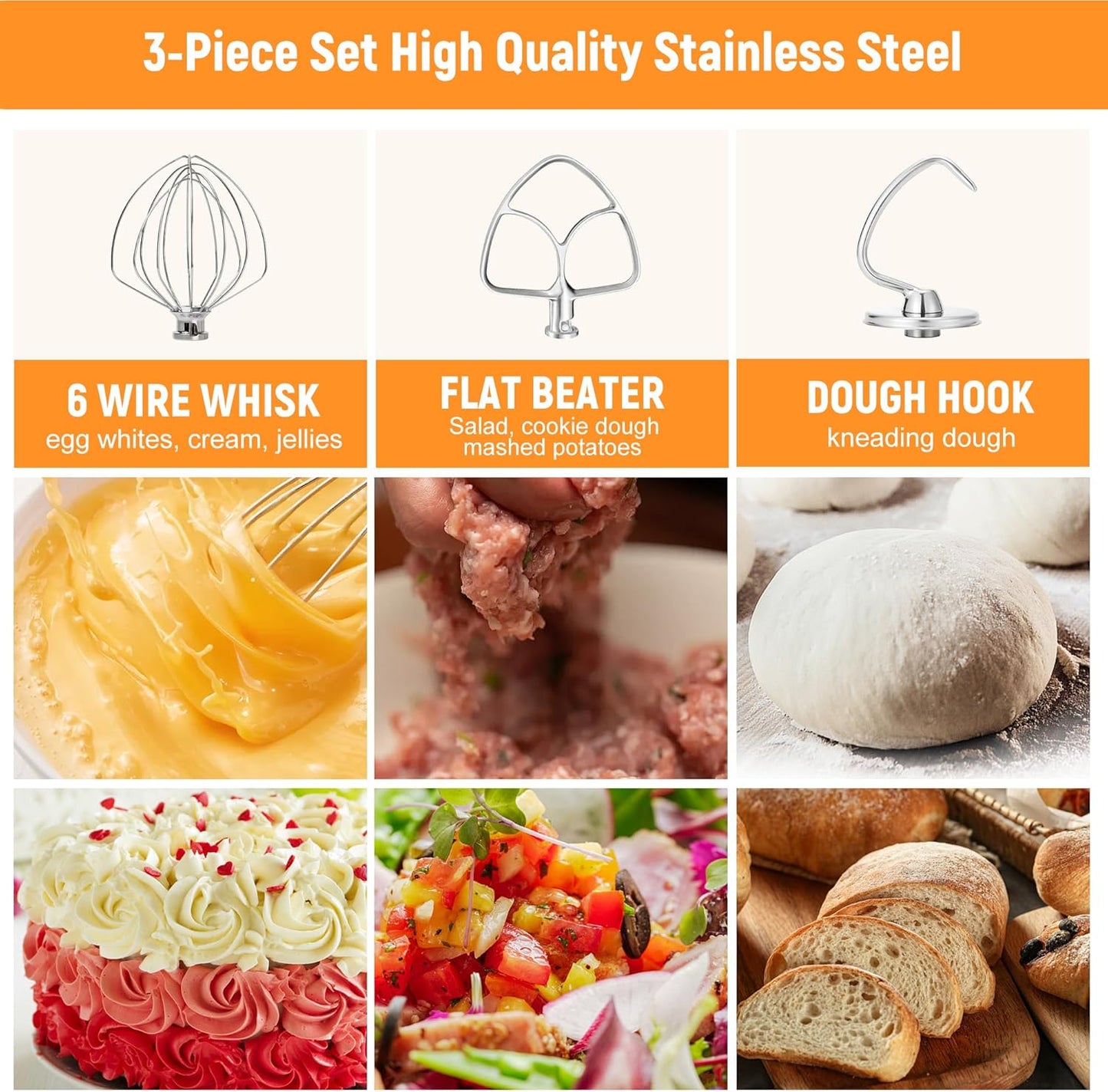 Stainless Steel Accessories for KitchenAid 4.5-5 Qt Tilt-Head Mixer, K45 Whisk, Flat Beater and Dough Hook for 5 Quart Mixing Bowl, Fits KSM45, KSM90, KSM150, Dishwasher Safe, Heavy Duty