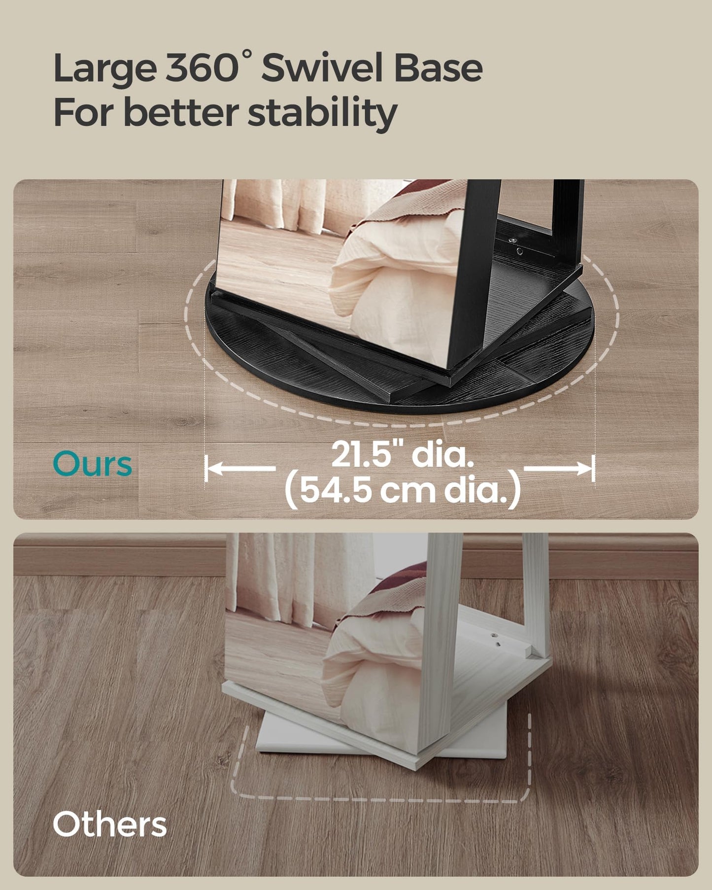 SONGMICS 6 LEDs Lockable Mirror Jewelry Cabinet, 360° Swivel Jewelry Organizer Armoire Standing, Frameless Full-Length Mirror, 3 Storage Shelves, White Surface, Black Lining UJJC007W01