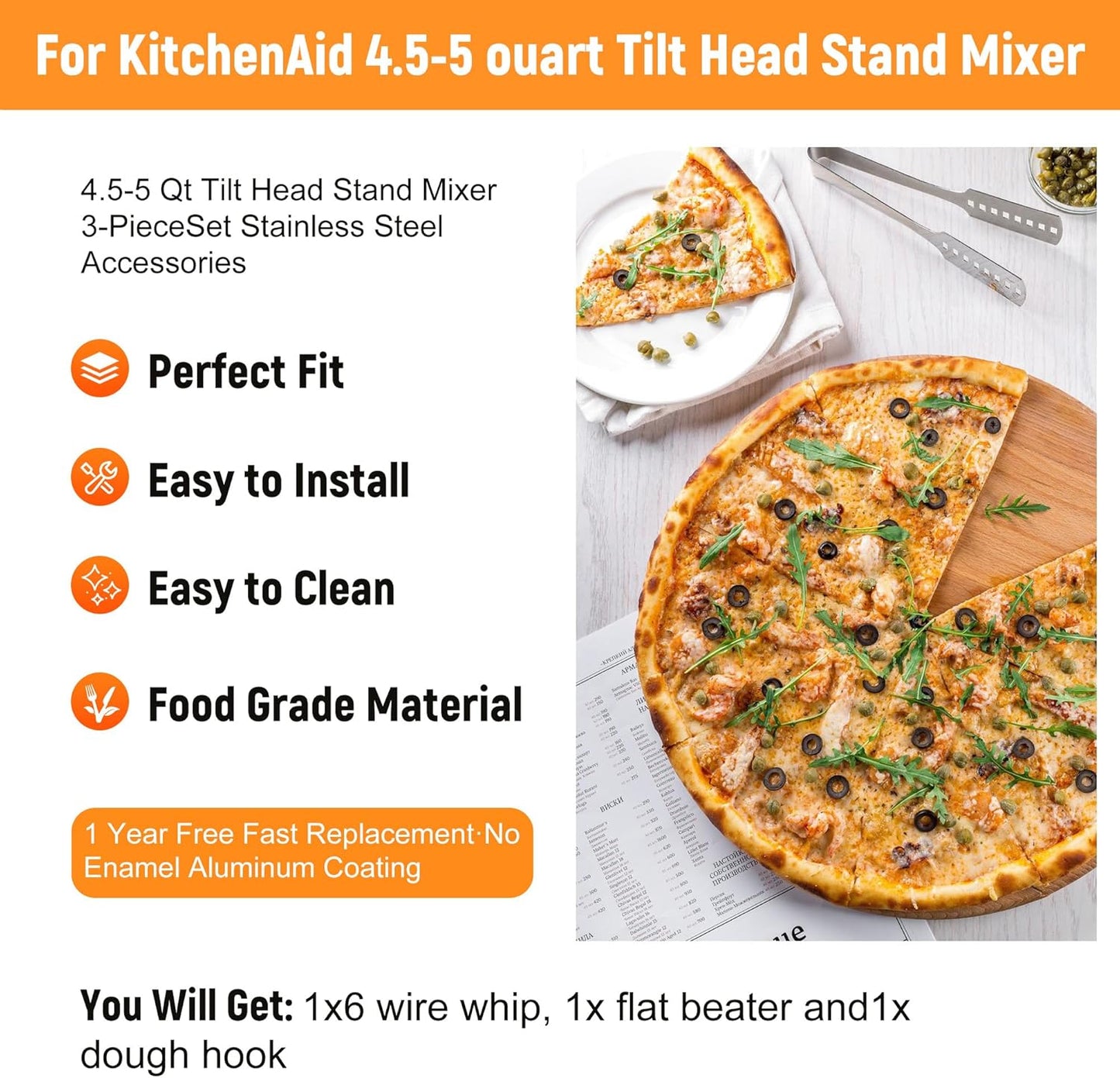 Stainless Steel Accessories for KitchenAid 4.5-5 Qt Tilt-Head Mixer, K45 Whisk, Flat Beater and Dough Hook for 5 Quart Mixing Bowl, Fits KSM45, KSM90, KSM150, Dishwasher Safe, Heavy Duty