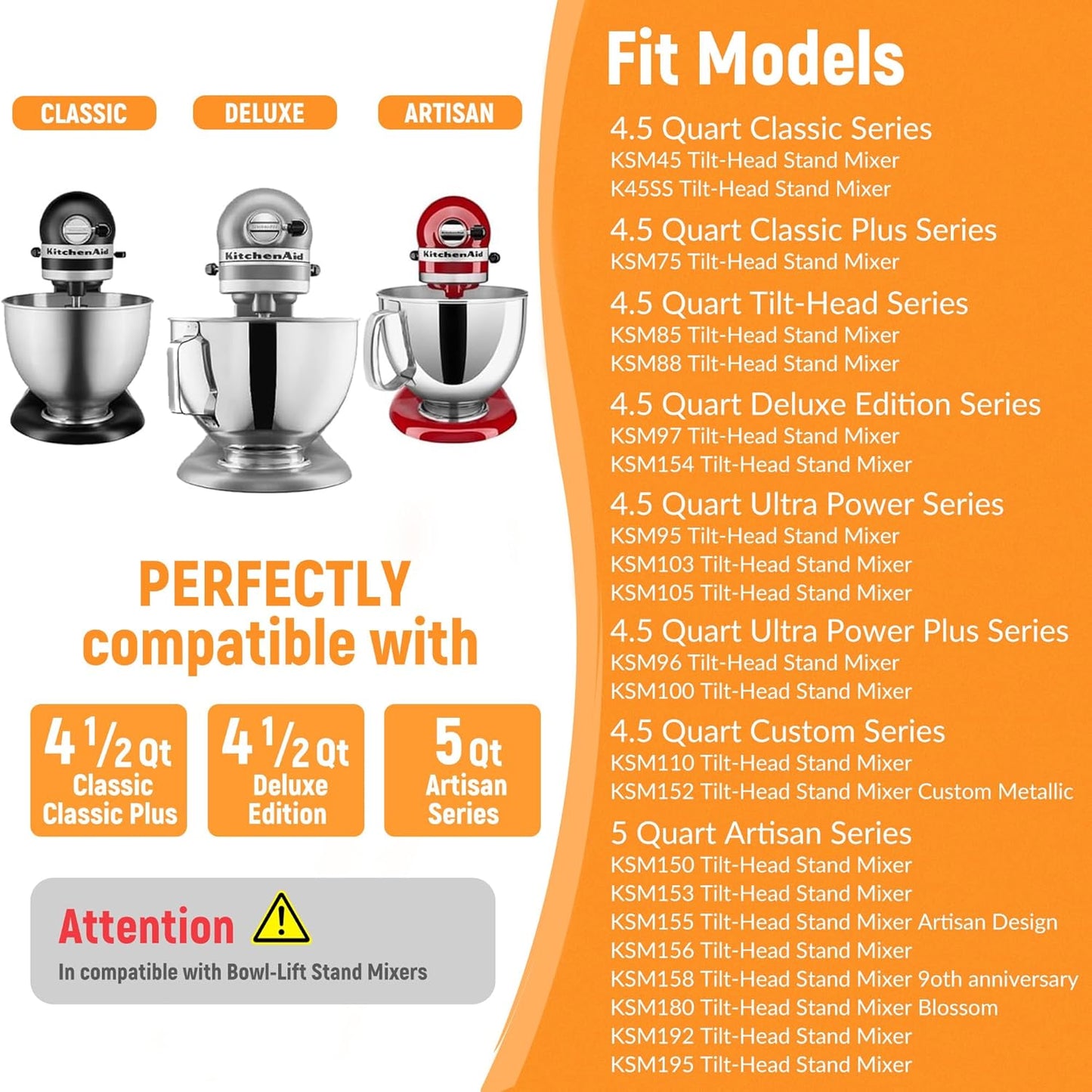 Stainless Steel Accessories for KitchenAid 4.5-5 Qt Tilt-Head Mixer, K45 Whisk, Flat Beater and Dough Hook for 5 Quart Mixing Bowl, Fits KSM45, KSM90, KSM150, Dishwasher Safe, Heavy Duty