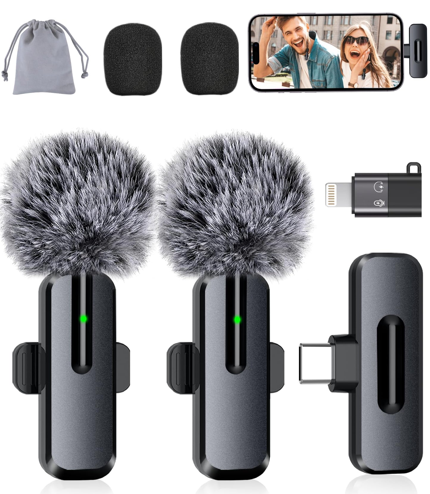 Wireless Mini Microphone for iPhone - 2 Pack Lavalier Bluetooth Microphone for Video Recording, 2 in 1 Noise Reduction Lapel Mic for Ipad, Android,Clip-on Mini Mic for Content Creators Podcast