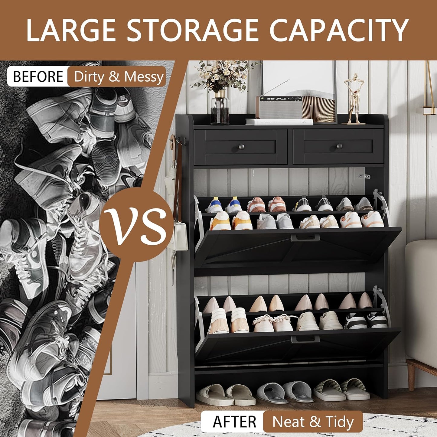 Shoe Cabinet with 2 Flip Drawers & 2 Top Drawers, 43" Tall Freestanding Narrow Wooden Shoe Storage Organizer for Entryway, Hidden Slim Shoe Rack for Front Door Entrance, Hallway, Living Room, Black