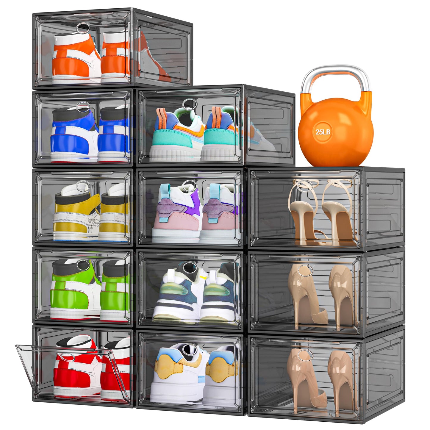 Thickened Clear Shoe Storage Organizer with Magnetic Door, Sturdy Stackable Shoe Boxes for Closet, Collapsible Space-Saving Shoe Rack for Sneakers & Boots, Plastic Shoe Cabinet Box Set, 6 Pack, White