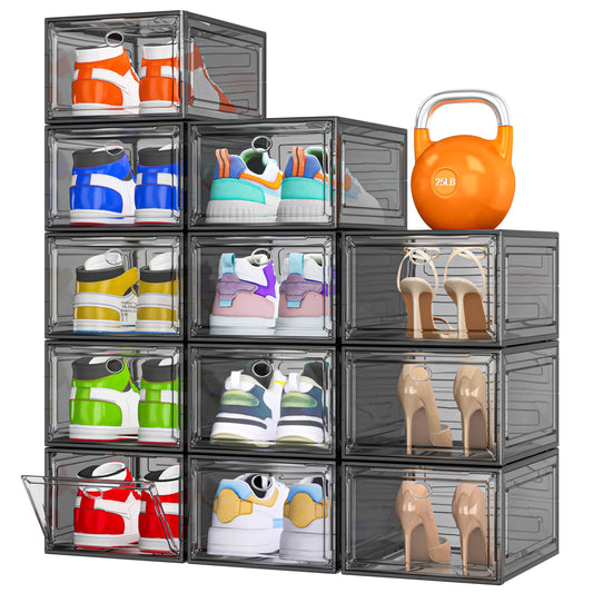 Thickened Clear Shoe Storage Organizer with Magnetic Door, Sturdy Stackable Shoe Boxes for Closet, Collapsible Space-Saving Shoe Rack for Sneakers & Boots, Plastic Shoe Cabinet Box Set, 6 Pack, White