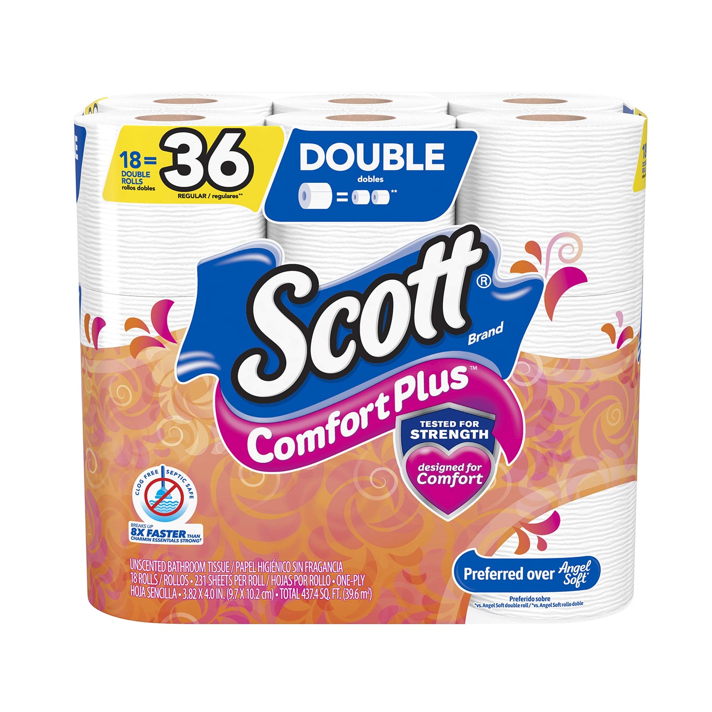 Scott ComfortPlus Toilet Paper, 48 Double Rolls, 231 Sheets per Roll, Septic-Safe, 1-Ply Toilet Tissue